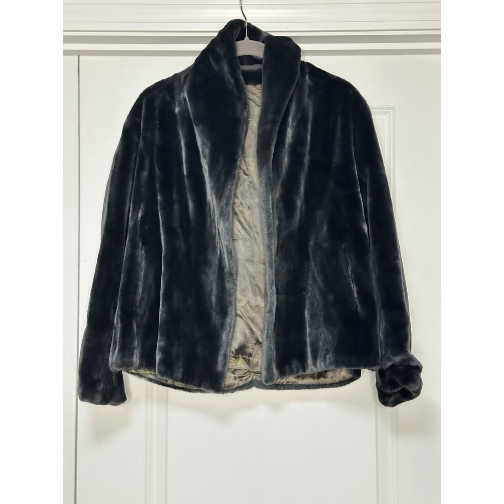 Vintage La France Malta 600 Dynel Gray Faux Fur Jacket Coat Shrug Open Front, XS